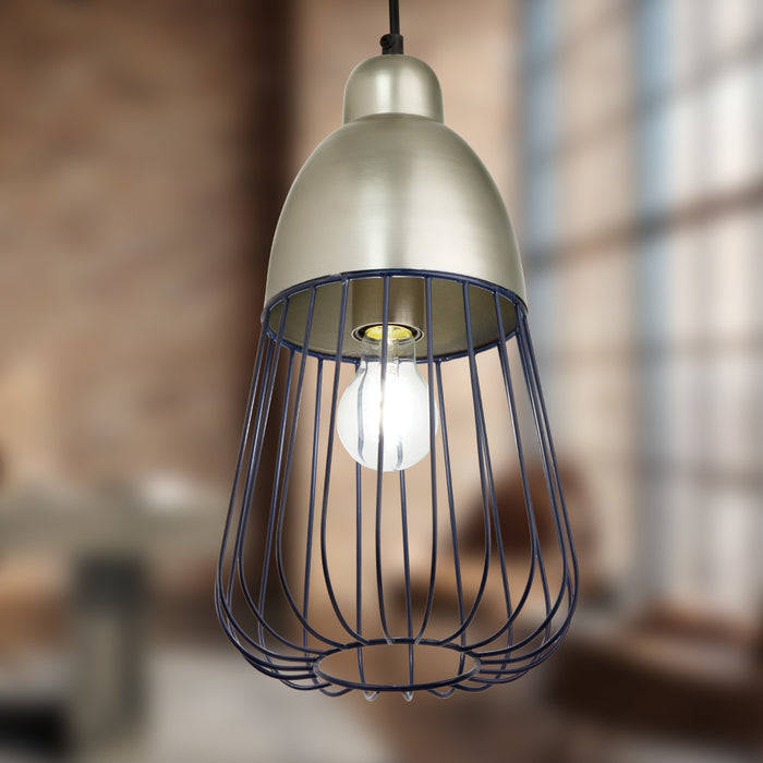 8.25" W Taylor Industrial Blue and Silver Cone-Like Shade Pendant in a blurred indoor setting