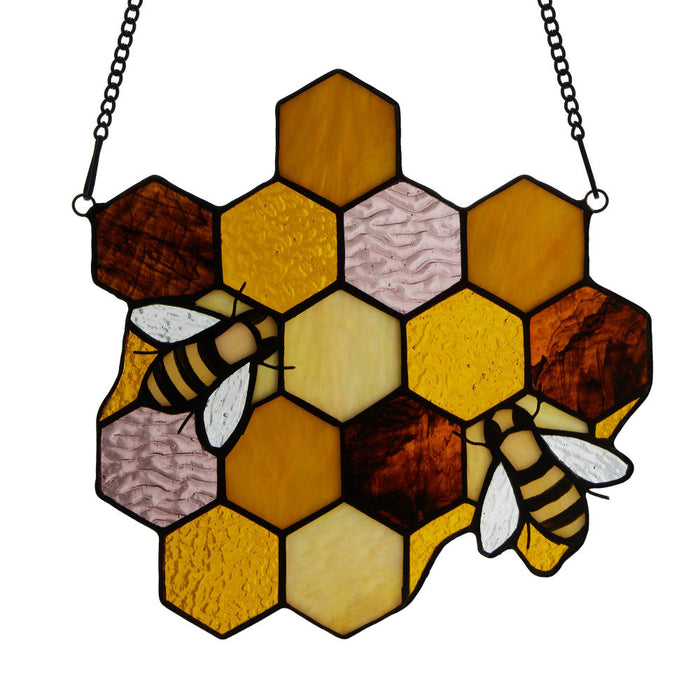 8.25"H Cassie Honeycomb Bees Stained Glass Window Panel-Backlit