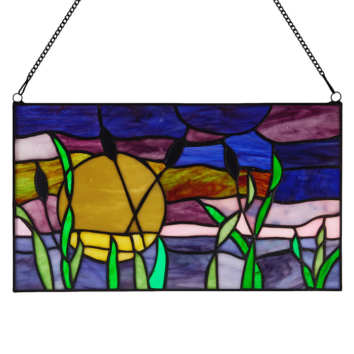 8.25"H Purple Cattails at Sunset Stained Glass Window Panel - Backlit