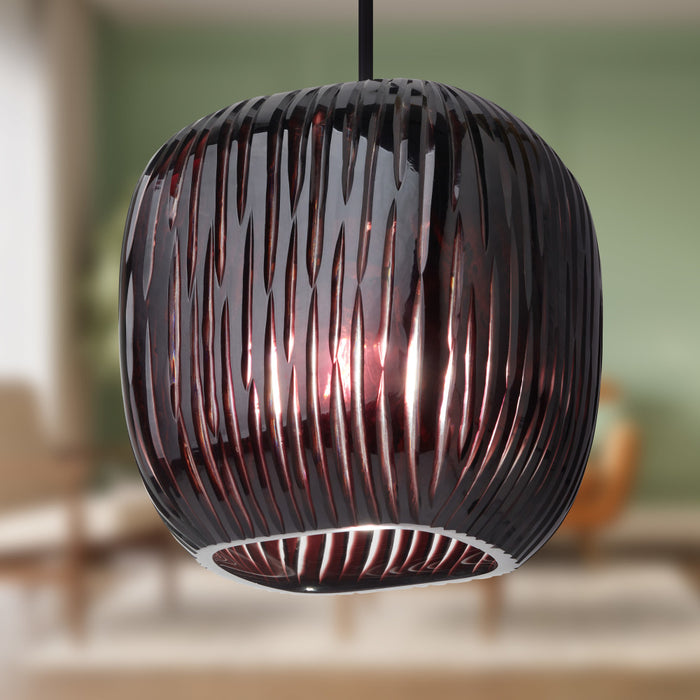 8.5" W Trista Retro Plum Globe Handblown Glass Shade Pendant Light with Hand Cut Stripe Design in a blurred indoor setting