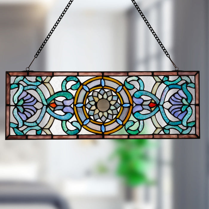 8.5"H Starla Rectangular Stained Glass Pub Window Panel hanging against a blurred indoor background