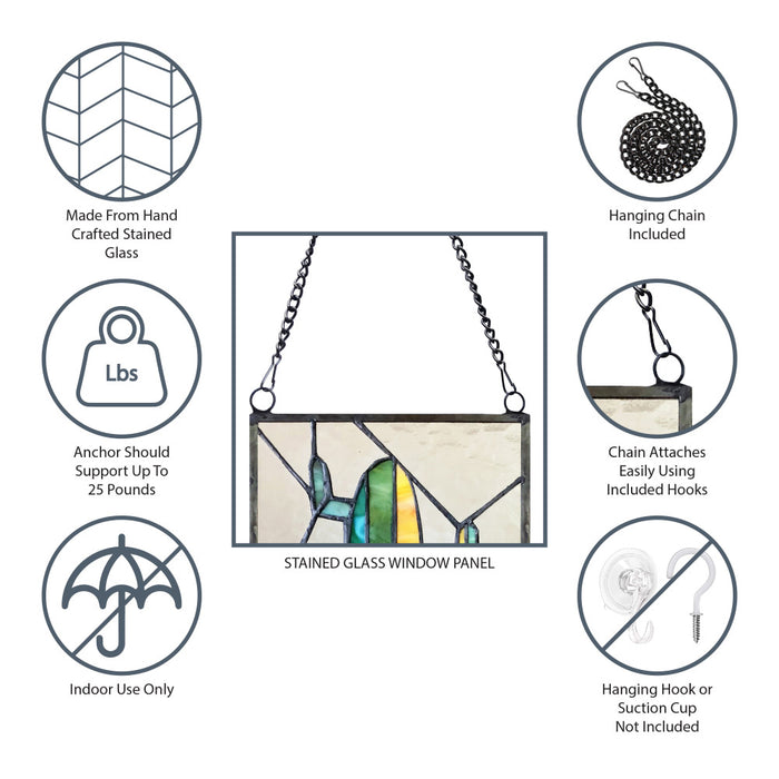 Stained glass window panel with hanging chain and support information on a white background