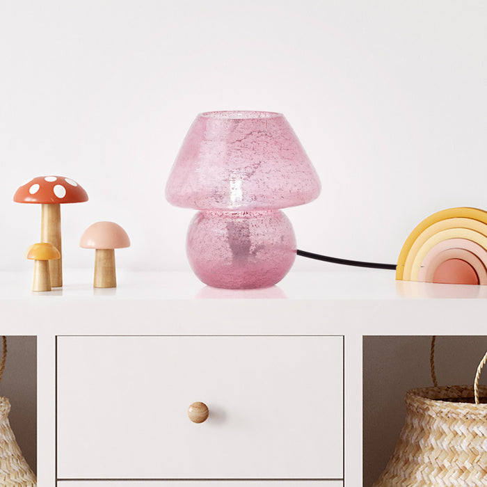 8.75" H Betsy Mushroom Pink Glass Accent Lamp on a white surface with decorative items.