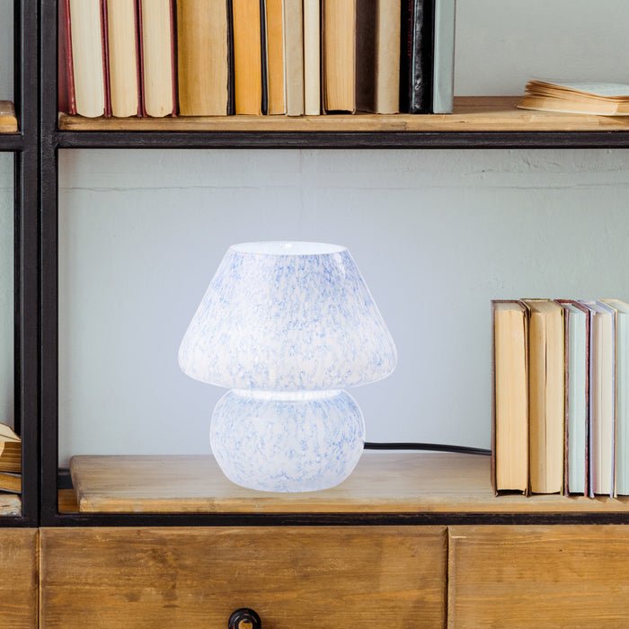 8.75" H Celeste Blue/White Mushroom Accent Lamp on a wooden shelf with books