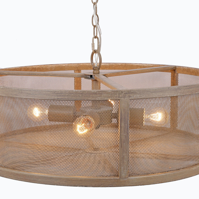 8"H Dixsie Woodgrain Finish Metal Caged Farmhouse 4-Light Chandelier. Shade closeup-On