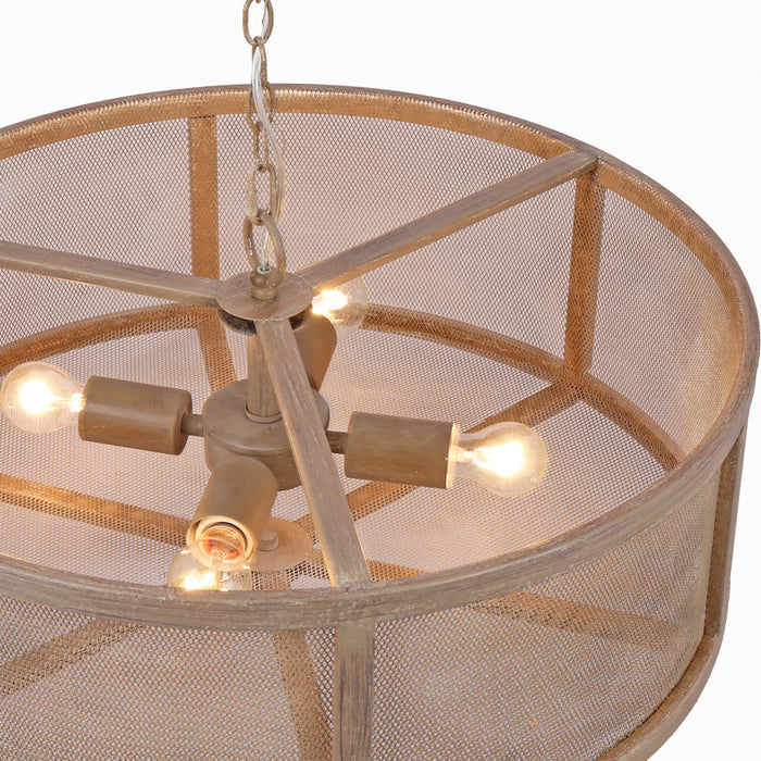 8"H Dixsie Woodgrain Finish Metal Caged Farmhouse 4-Light Chandelier. Shade closeup-On