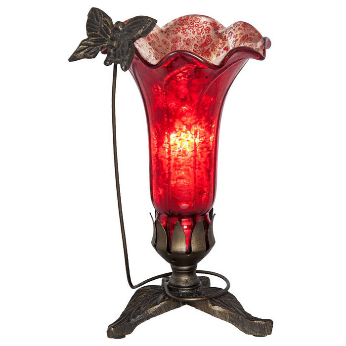 9" H Hand Blown Mercury Glass Butterfly Lily Lamp - Red-On
