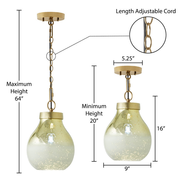 9 in. Gold 1-Light Pendant with Gold and Cream Ombre Mercury Glass Shade
