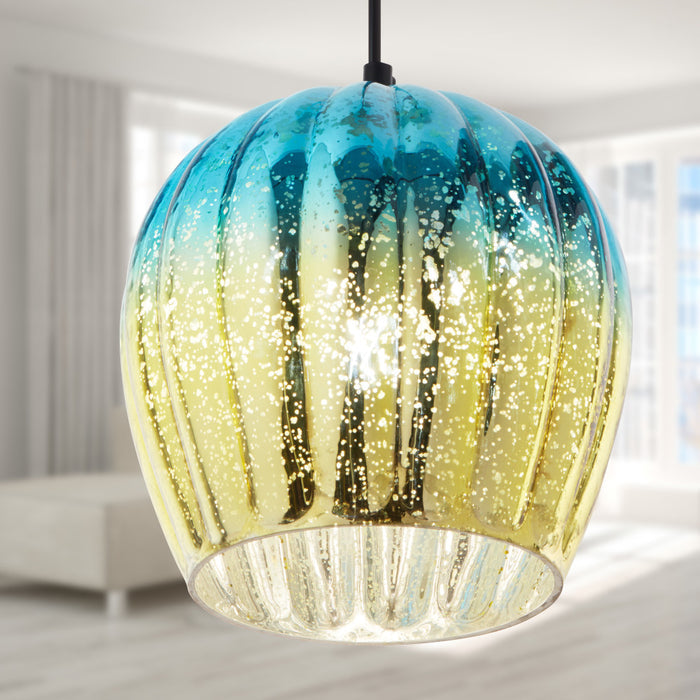 9 in. Gold 1-Light Pendant with Teal and Gold Ombre Mercury Glass Shade in a room setting