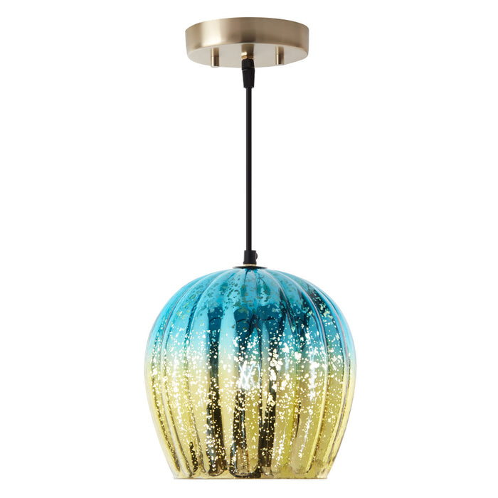 9 in. Gold 1-Light Pendant with Teal and Gold Ombre Mercury Glass Shade-On