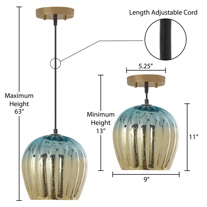 9 in. Gold 1-Light Pendant with Teal and Gold Ombre Mercury Glass Shade