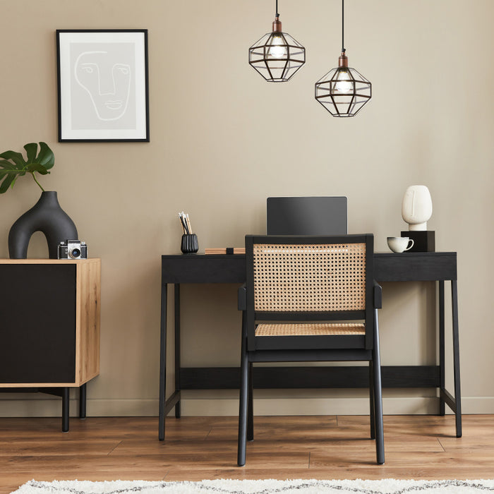 9" W Bettany Bohemian Clear Globe Shade Pendant Light in a modern office setup with a black desk, chair, and decorative items.