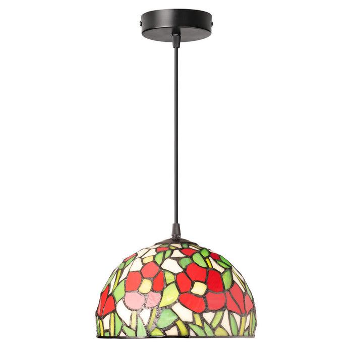 9.5" W Genevieve Red Flowers Stained Glass Dome Shade Pendant Light-On