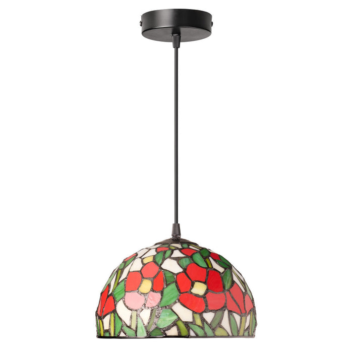 9.5" W Genevieve Red Flowers Stained Glass Dome Shade Pendant Light-Off