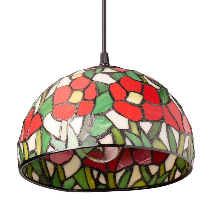 9.5" W Genevieve Red Flowers Stained Glass Dome Shade Pendant Light. Shade closeup-Off