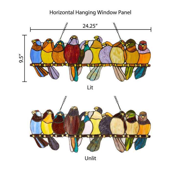 9.5"H Stained Glass Birds on a Wire Window Panel-Comparison between backlit and front lit