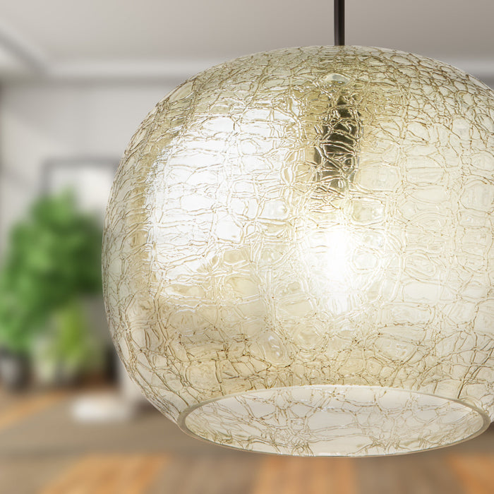 9.75" W Linda Glam Style Black and Subtle Green Luster Hand Blown Glass Shade Hanging Pendant Light in a room with blurred background