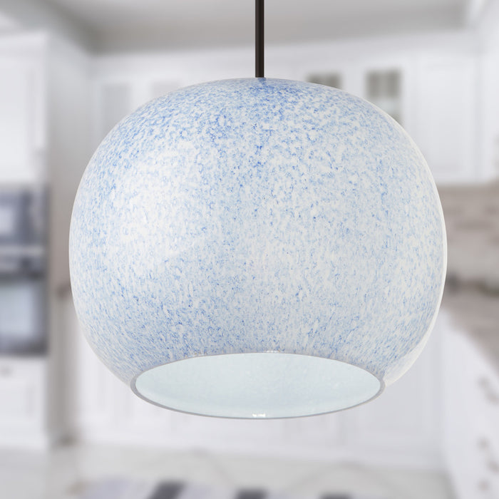 9.8" W Betty Glam Handblown Blue & White Globe Shade Pendant in an indoor setting