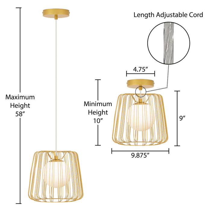 9.875"W Lucai Caged Globe Shade Pendant Light