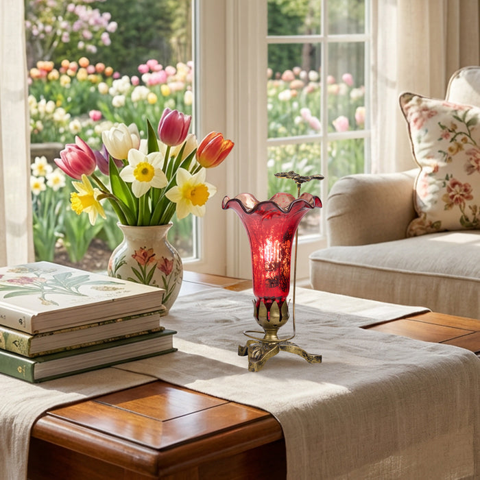 9"H Hand Blown Mercury Glass Lily Uplight Accent Lamp in a decorative table setting with flowers, books in a home setting