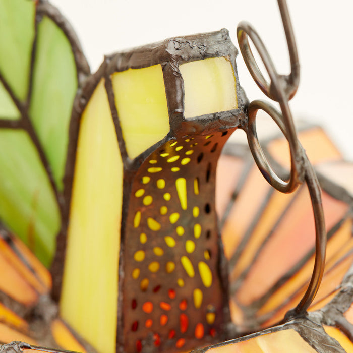 9"H Patch the Pumpkin Stained Glass Accent Lamp. Close Up Detail Photo