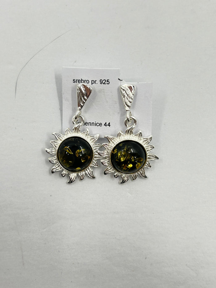 Green Star Amber Stub Earrings with Sterling Silver