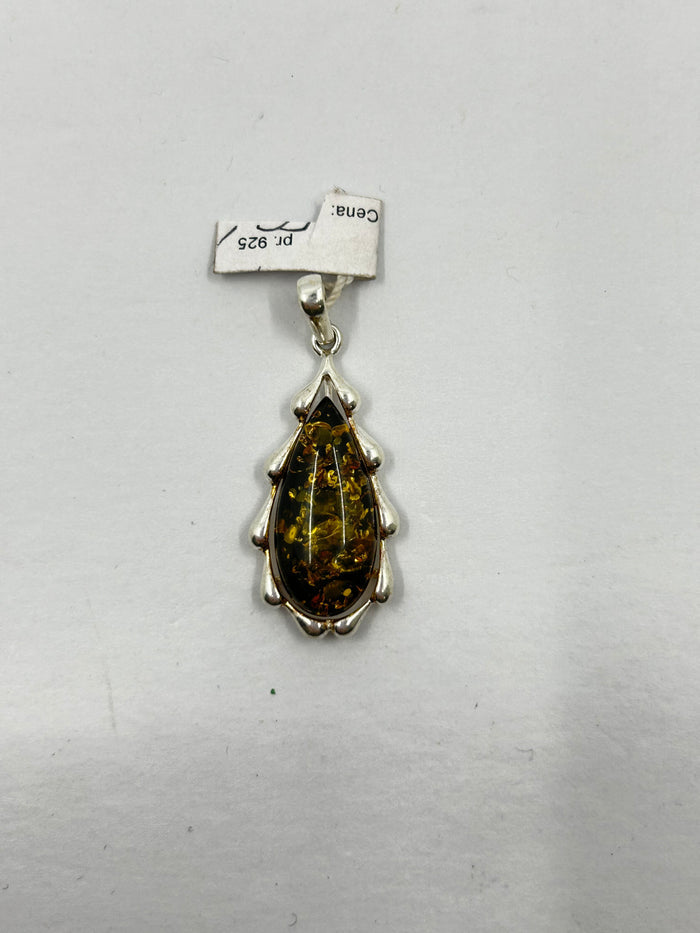 Green Amber Tear Drop Pendant on Sterling Silver