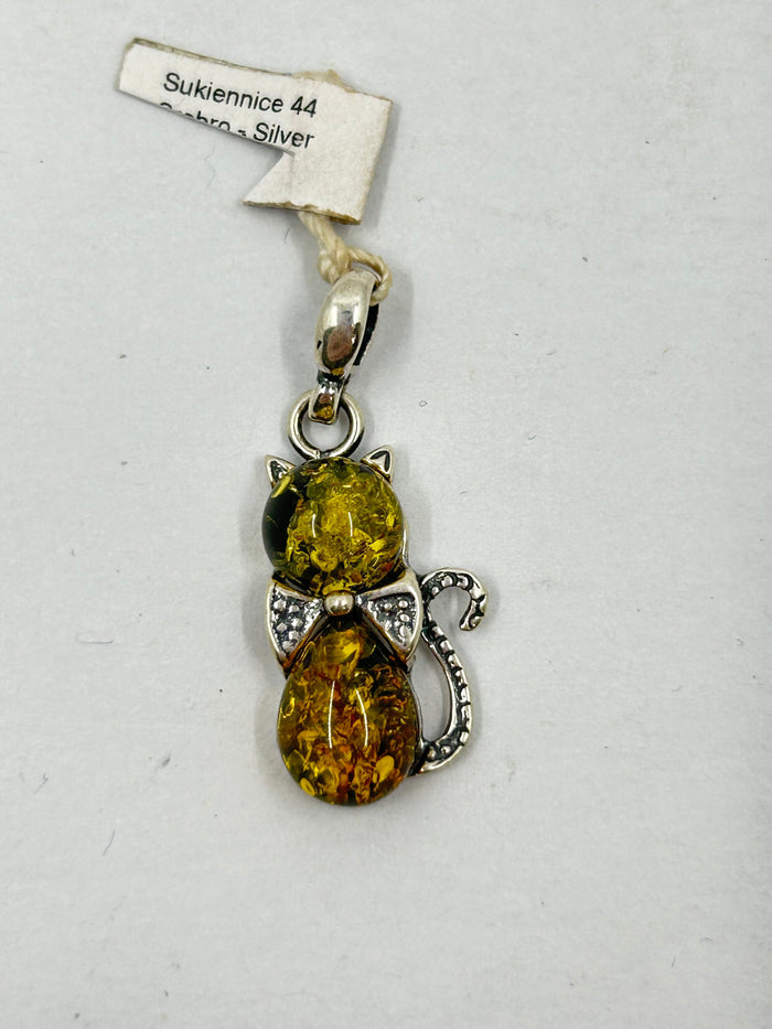 Green & Yellow Amber Kitty Pendant on Sterling Silver