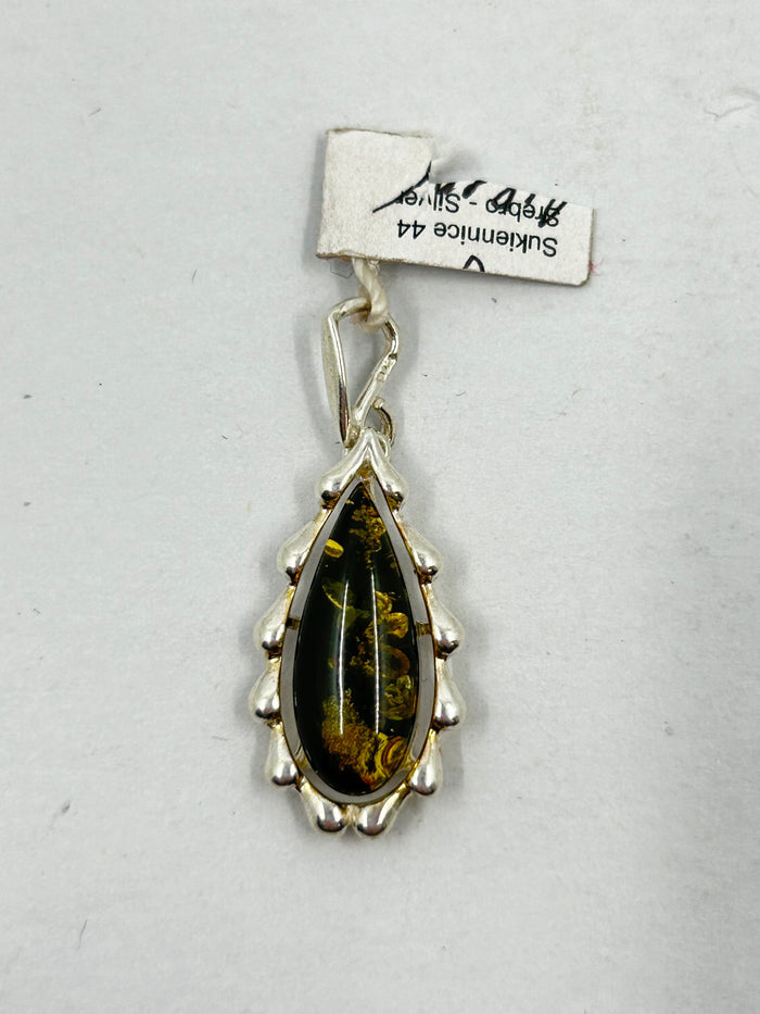 Green Small Amber Tear Drop Pendant on Sterling Silver