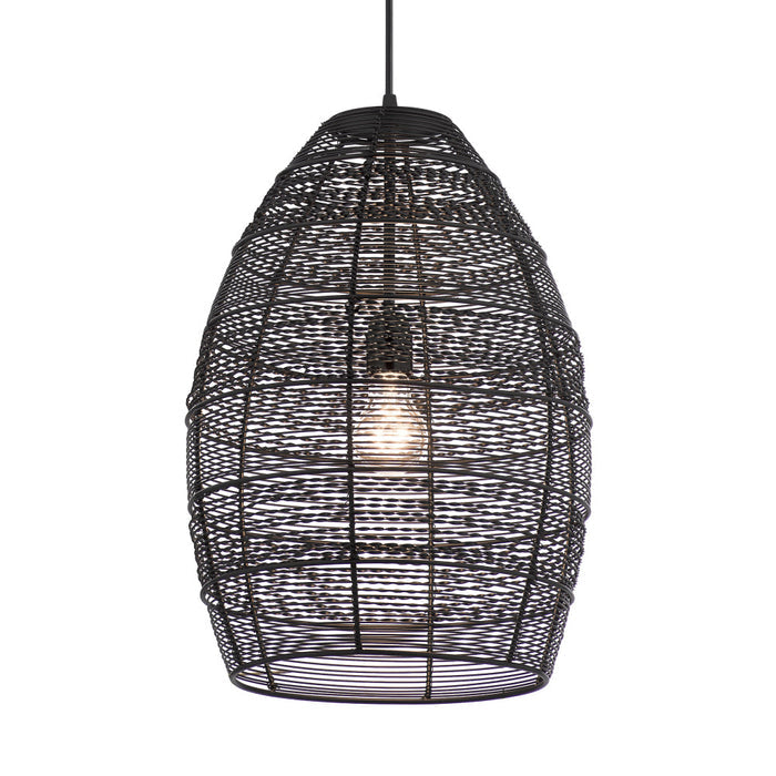 Alessia Black Metal Cone-Shaped Woven Pendant Lamp. Shade closeup-On