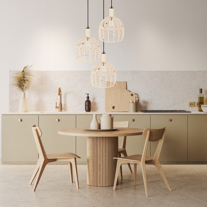 Anders 12.75"W Black and White Bell Pendant Light in a dining area with a round wooden table and chairs