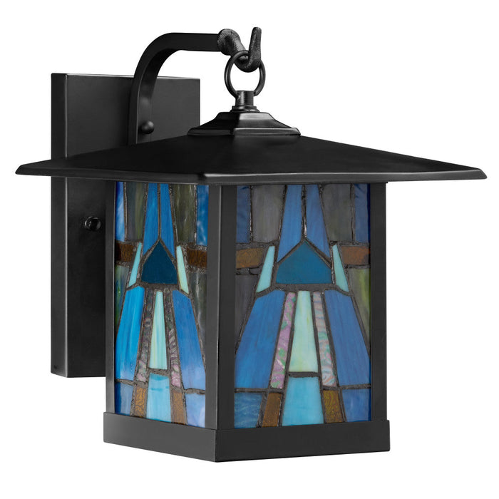 Aqua and Amber Stained Glass and Black 1-Light Outdoor Lantern Wall Sconce-Off