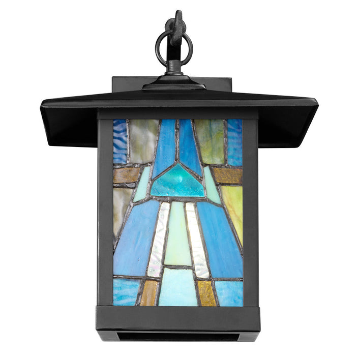 Aqua and Amber Stained Glass and Black 1-Light Outdoor Lantern Wall Sconce. Straight-on view-On