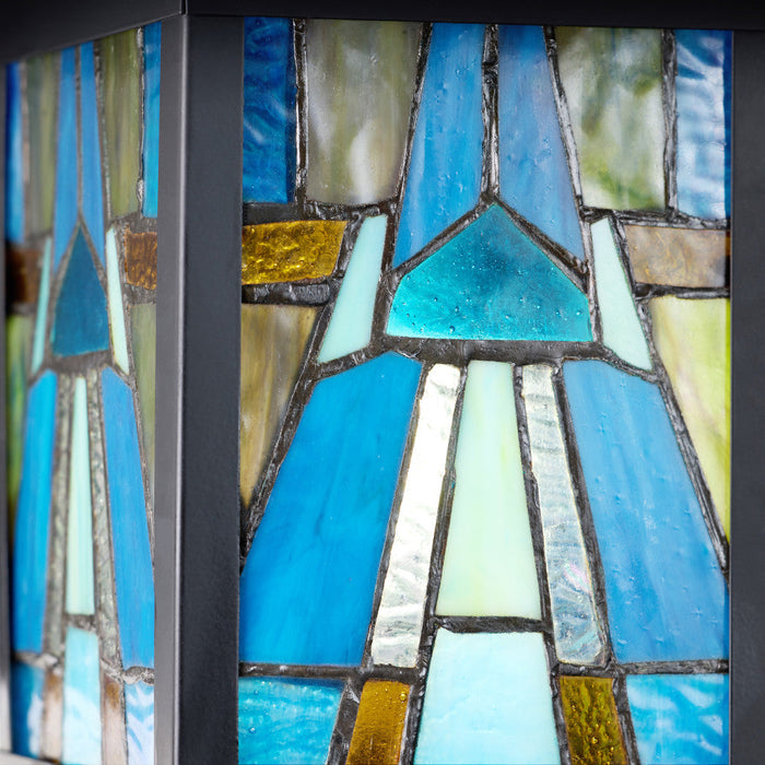 Aqua and Amber Stained Glass and Black 1-Light Outdoor Lantern Wall Sconce