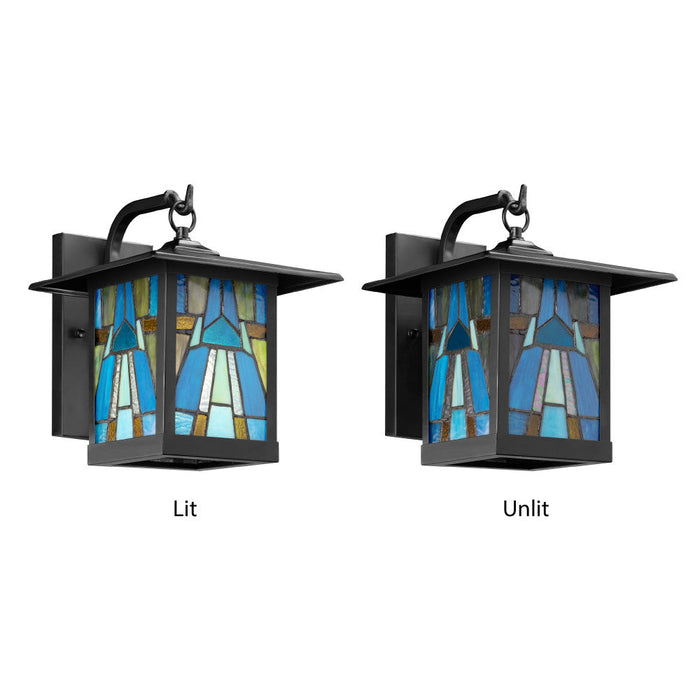 Aqua and Amber Stained Glass and Black 1-Light Outdoor Lantern Wall Sconce
