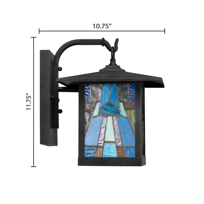 Aqua and Amber Stained Glass and Black 1-Light Outdoor Lantern Wall Sconce