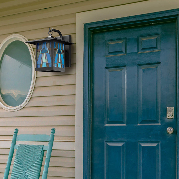 Aqua and Amber Stained Glass and Black 1-Light Outdoor Lantern Wall Sconce