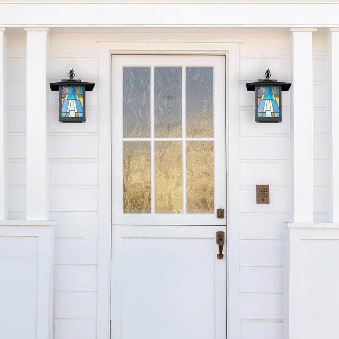 Aqua and Amber Stained Glass and Black 1-Light Outdoor Lantern Wall Sconce