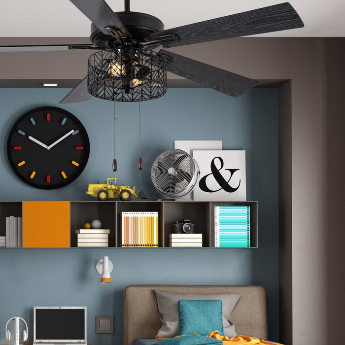 Aria Black 52 in. Ceiling Fan With 2 LED Lights in a room with shelves, books, and decor items.