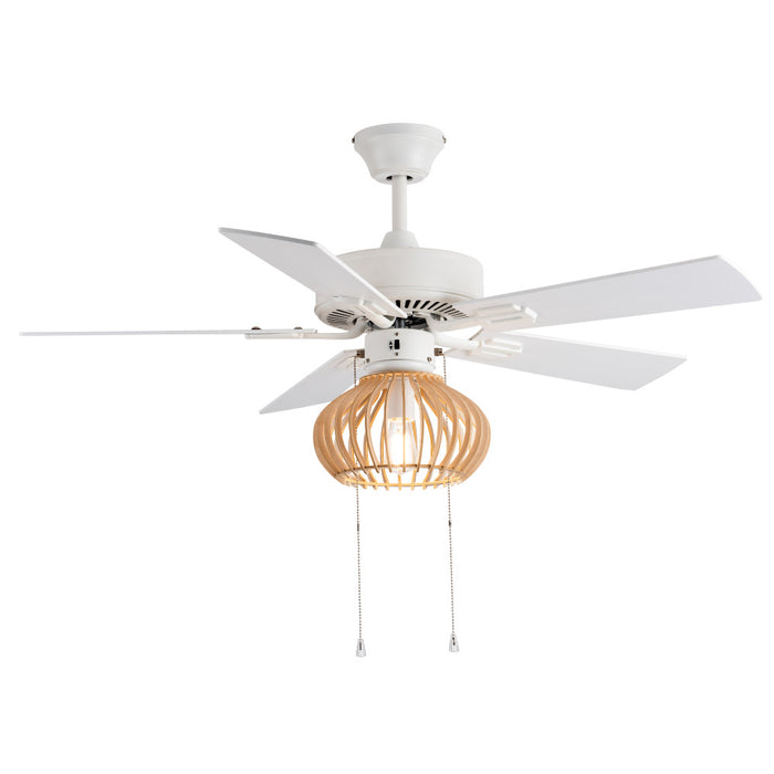 Avalon White and Tan Wood Caged Ceiling Fan with Light-On