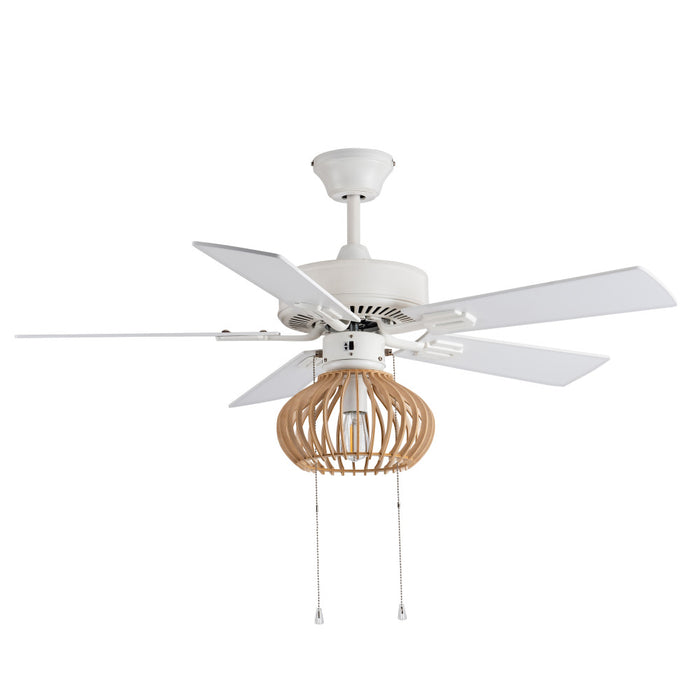 Avalon White and Tan Wood Caged Ceiling Fan with Light-Off