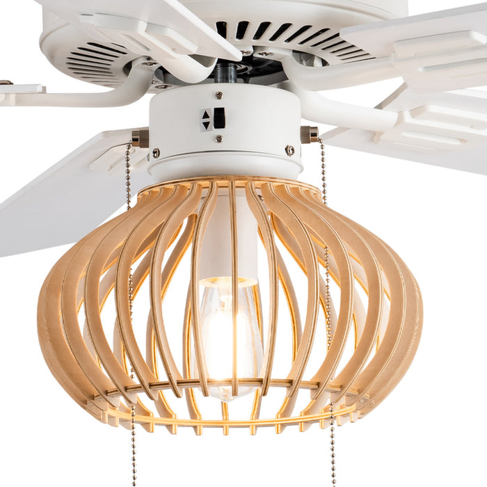 Avalon White and Tan Wood Caged Ceiling Fan with Light. Shade closeup-On
