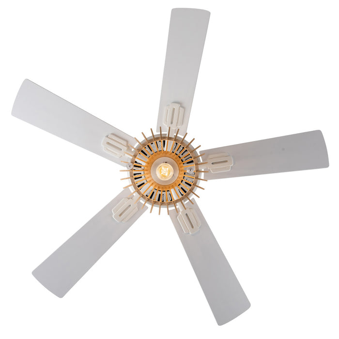 Avalon White and Tan Wood Caged Ceiling Fan with Light. Straight-on view-On