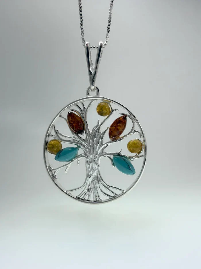 Baltic Amber and Turquoise Tree of Life Pendant on Silver Chain