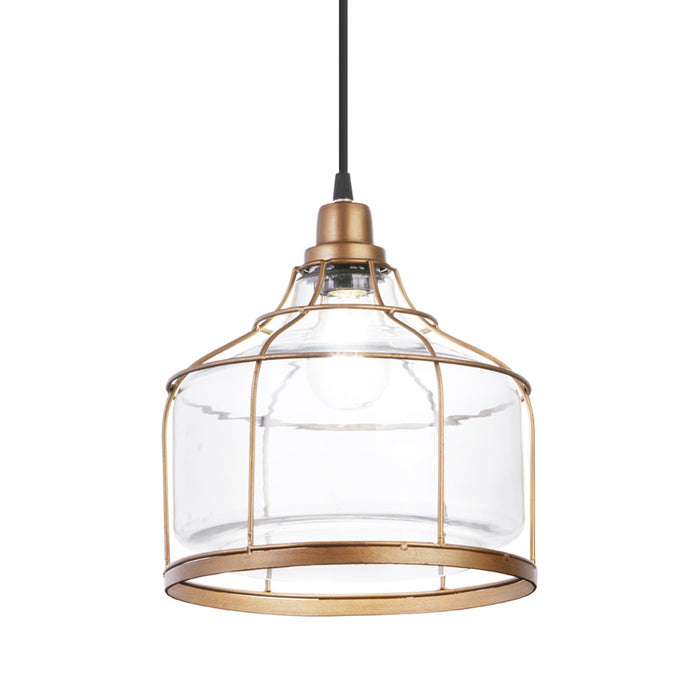 Bernadette Brass Metal and Clear Glass Pendant Lamp. Shade closeup-On