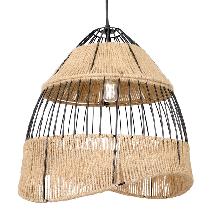 Bertram 19"W Asymmetrical Jute and Black Pendant Light. Shade closeup-On