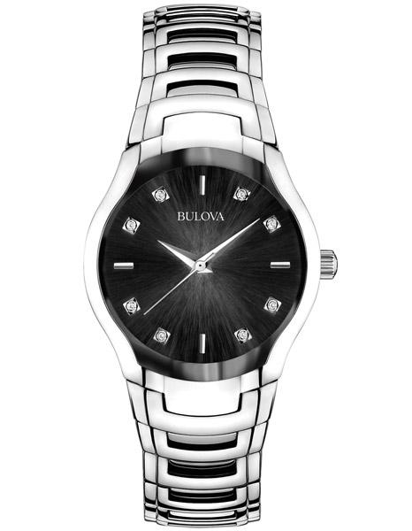 Bulova Diamond Ladies Dress Watch - Black Sun-Ray Dial - Steel Case & Bracelet - 96P146