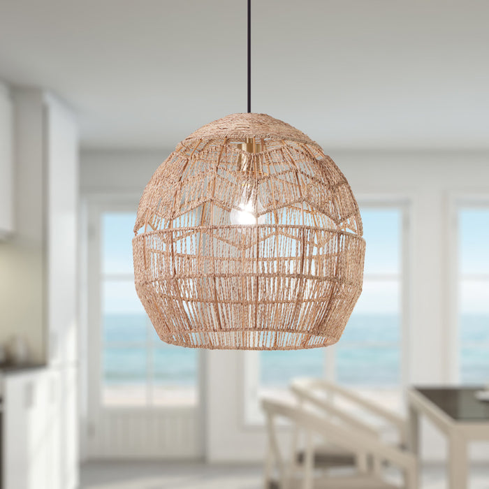 Charlotte Metal and Woven Hemp Rope Hanging Pendant Light hanging in a room with large windows