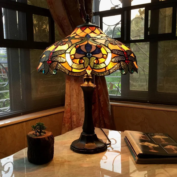 Chloe Amberwing Table Lamp - Stained Glass Amberwing Table Lamp Turned On Room Setting
