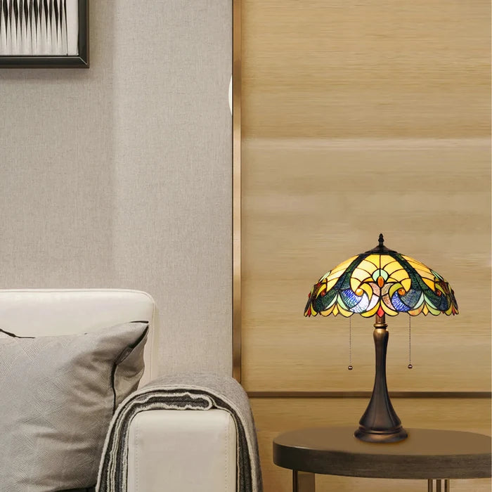 Chloe Amor Victorian Table Lamp - Stained Glass Amor Victorian Table Lamp Turned On Room Setting